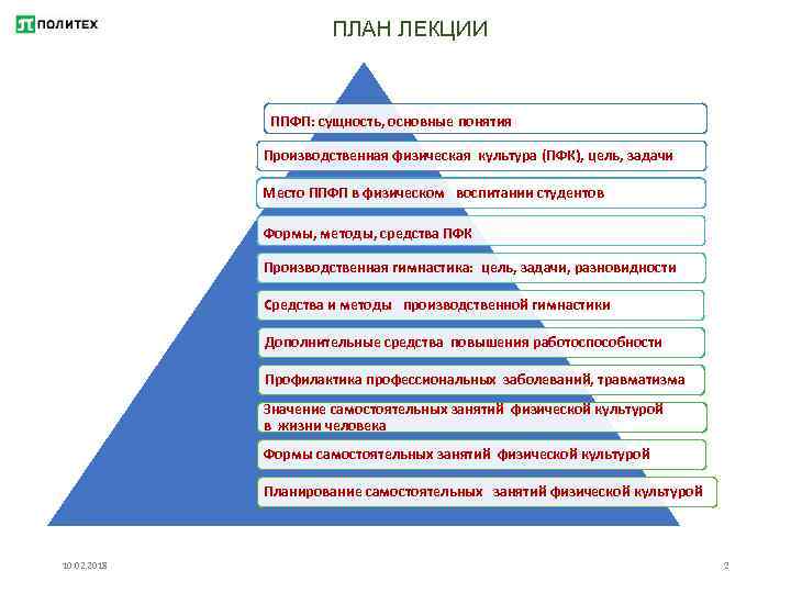 ПЛАН ЛЕКЦИИ ППФП: сущность, основные понятия Производственная физическая культура (ПФК), цель, задачи Место ППФП