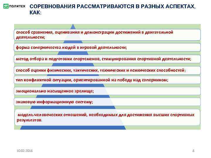 СОРЕВНОВАНИЯ РАССМАТРИВАЮТСЯ В РАЗНЫХ АСПЕКТАХ, КАК: способ сравнения, оценивания и демонстрации достижений в двигательной