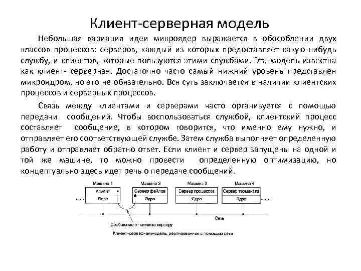 Клиент-серверная модель Небольшая вариация идеи микроядер выражается в обособлении двух классов процессов: серверов, каждый