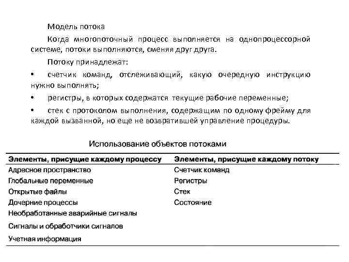 Модель потока Когда многопоточный процесс выполняется на однопроцессорной системе, потоки выполняются, сменяя друга. Потоку