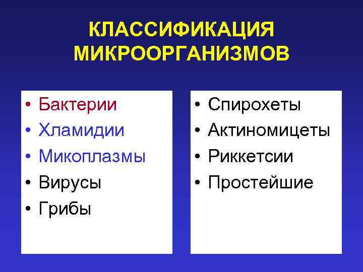 КЛАССИФИКАЦИЯ МИКРООРГАНИЗМОВ • • • Бактерии Хламидии Микоплазмы Вирусы Грибы • • Спирохеты Актиномицеты