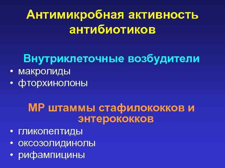 Антимикробная активность антибиотиков Внутриклеточные возбудители • макролиды • фторхинолоны МР штаммы стафилококков и энтерококков