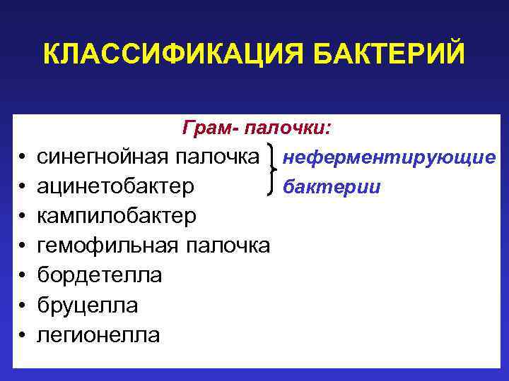 КЛАССИФИКАЦИЯ БАКТЕРИЙ Грам- палочки: • синегнойная палочка неферментирующие • • • ацинетобактерии кампилобактер гемофильная