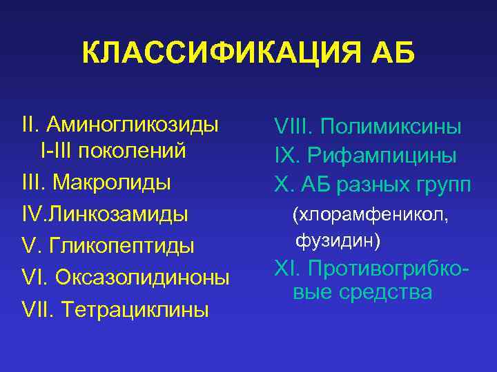 КЛАССИФИКАЦИЯ АБ II. Аминогликозиды I-III поколений III. Макролиды IV. Линкозамиды V. Гликопептиды VI. Оксазолидиноны