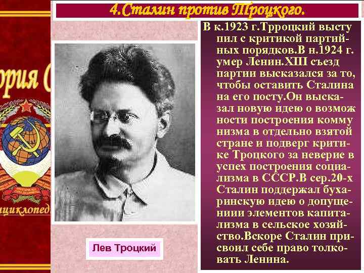 4. Сталин против Троцкого. Лев Троцкий В к. 1923 г. Трроцкий высту пил с