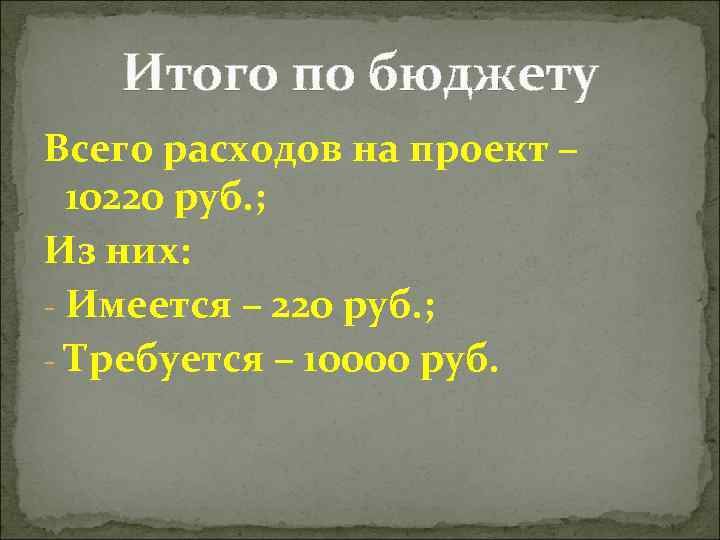Итого по бюджету Всего расходов на проект – 10220 руб. ; Из них: -