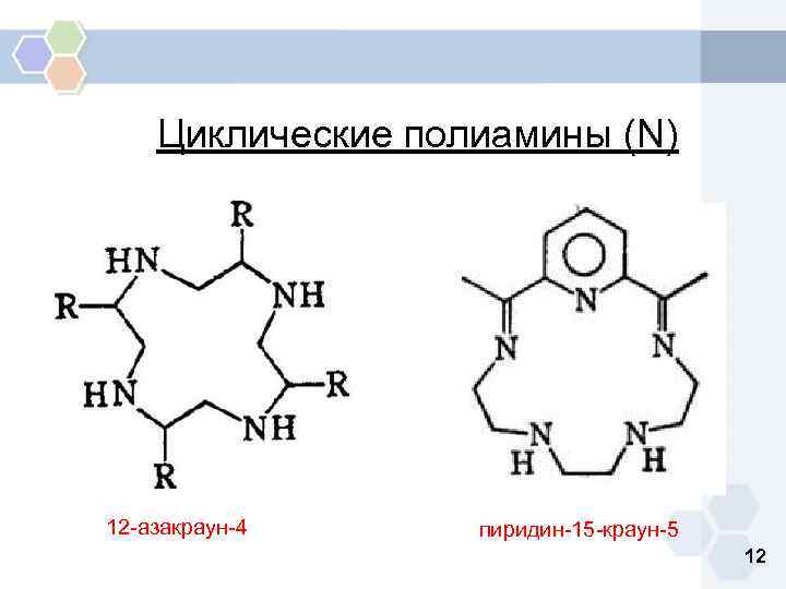 Циклические полиамины (N) 12 -азакраун-4 пиридин-15 -краун-5 12 