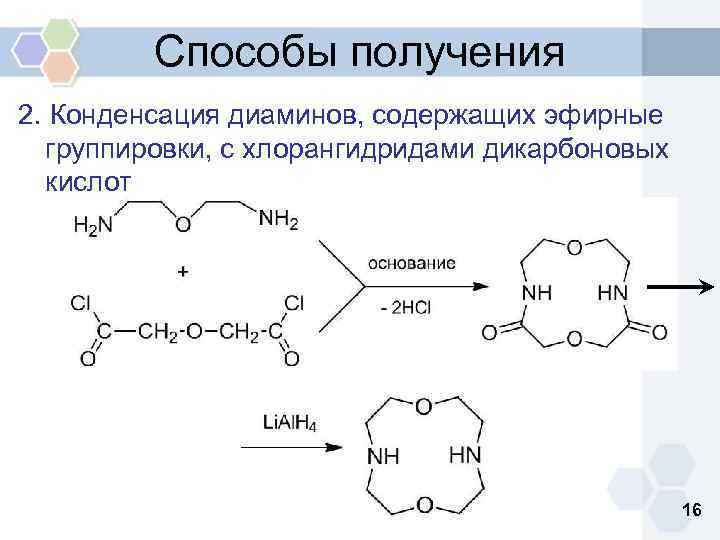 Способы получения 2. Конденсация диаминов, содержащих эфирные группировки, с хлорангидридами дикарбоновых кислот 16 