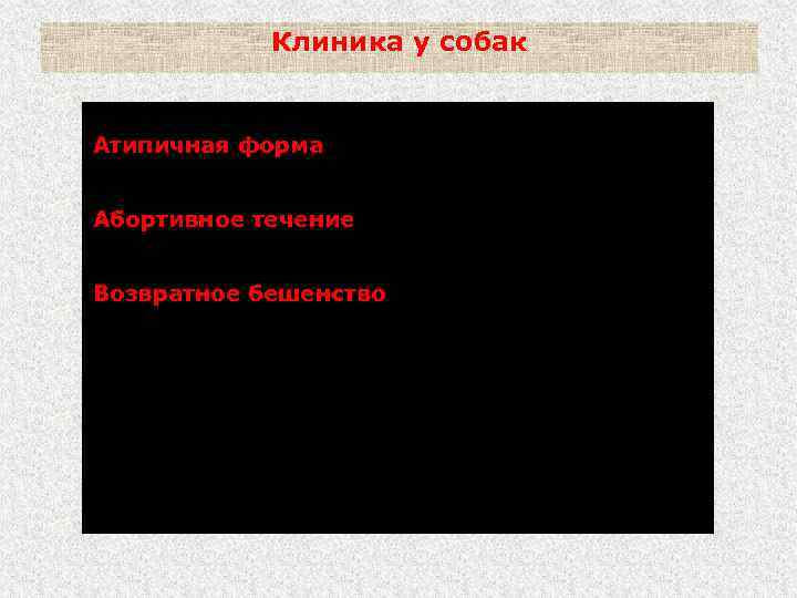 Клиника у собак Атипичная форма - отсутствует стадия возбуждения. Истощение и атрофия мускулатуры. Абортивное