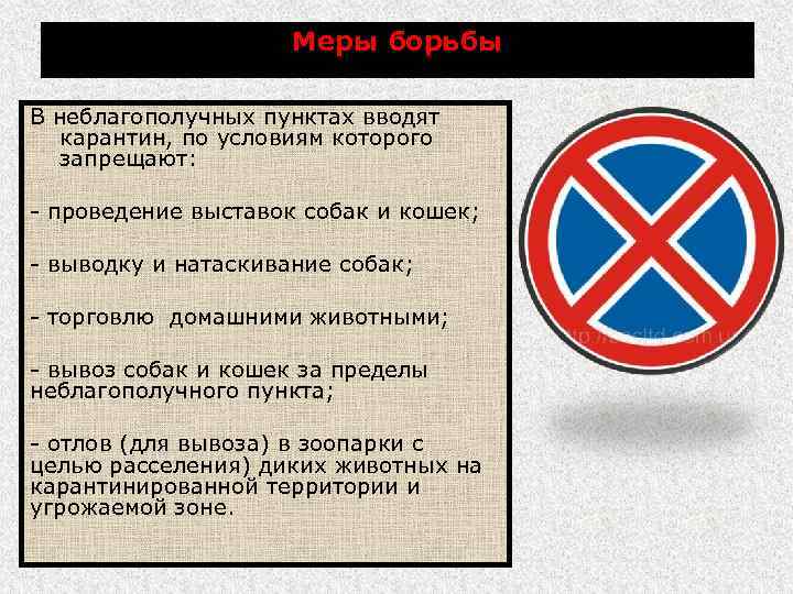 Меры борьбы В неблагополучных пунктах вводят карантин, по условиям которого запрещают: - проведение выставок