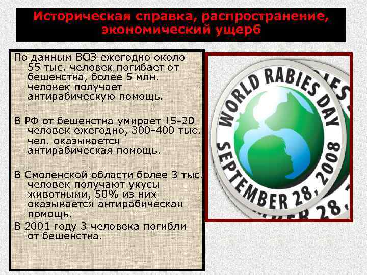 Историческая справка, распространение, экономический ущерб По данным ВОЗ ежегодно около 55 тыс. человек погибает