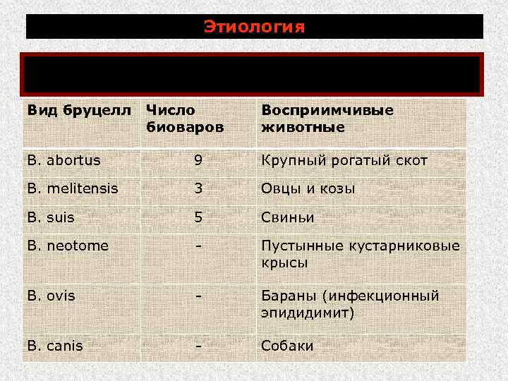 Этиология род Brucella включает 6 видов, некоторые имеют несколько биоваров: Вид бруцелл Число биоваров