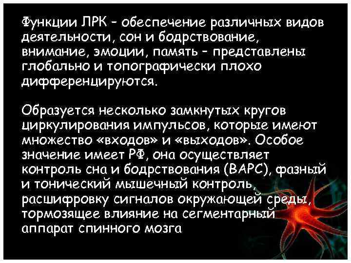 Функции ЛРК – обеспечение различных видов деятельности, сон и бодрствование, внимание, эмоции, память –