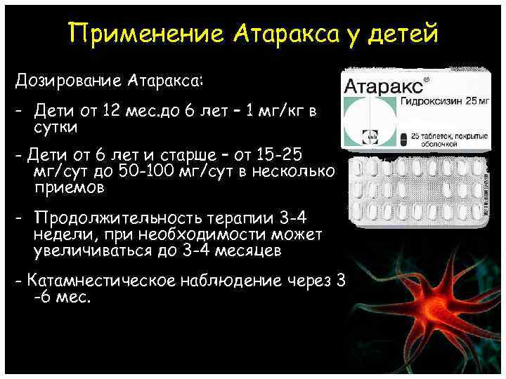 Применение Атаракса у детей Дозирование Атаракса: - Дети от 12 мес. до 6 лет