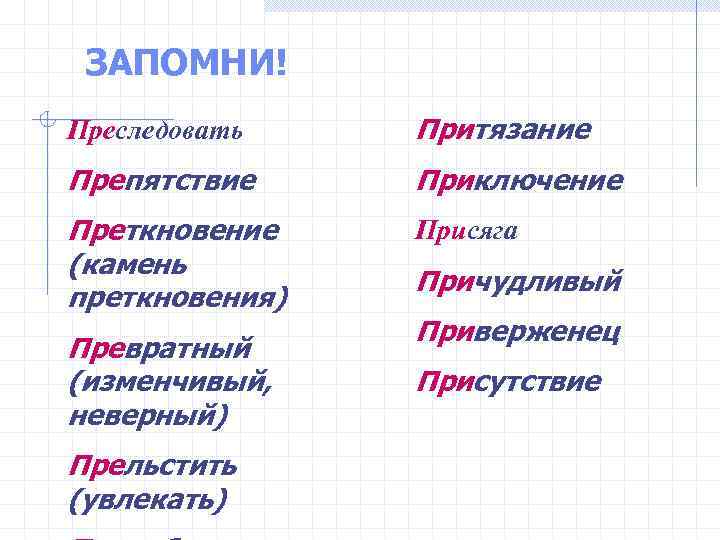 ЗАПОМНИ! Преследовать Притязание Препятствие Приключение Преткновение (камень преткновения) Присяга Превратный (изменчивый, неверный) Прельстить (увлекать)