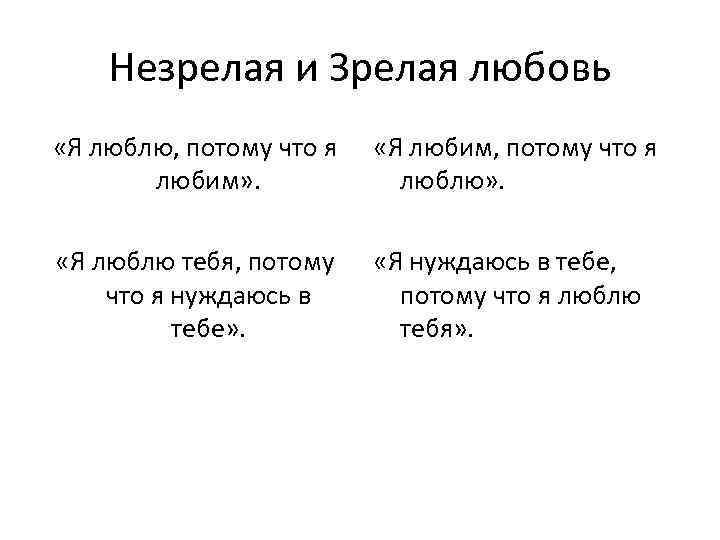 Незрелая и Зрелая любовь «Я люблю, потому что я любим» . «Я любим, потому