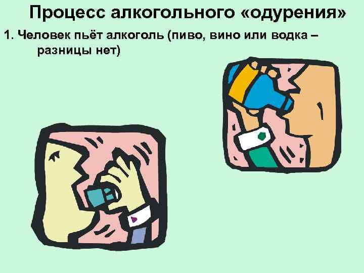 Процесс алкогольного «одурения» 1. Человек пьёт алкоголь (пиво, вино или водка – разницы нет)