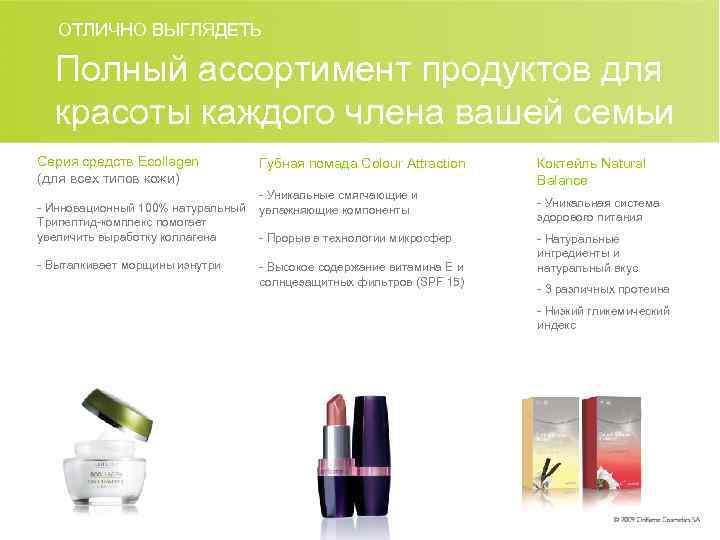 ОТЛИЧНО ВЫГЛЯДЕТЬ Полный ассортимент продуктов для красоты каждого члена вашей семьи Серия средств Ecollagen