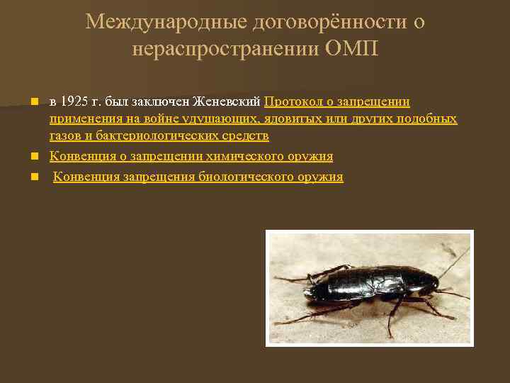Международные договорённости о нераспространении ОМП в 1925 г. был заключен Женевский Протокол о запрещении