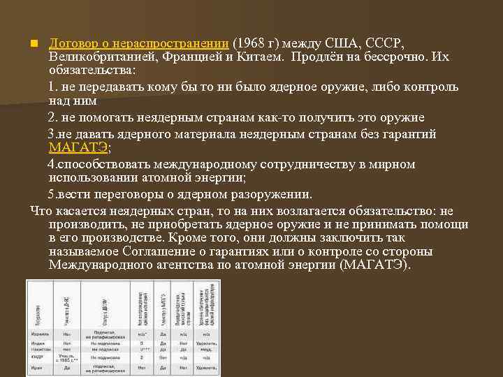 Договор о нераспространении (1968 г) между США, СССР, Великобританией, Францией и Китаем. Продлён на
