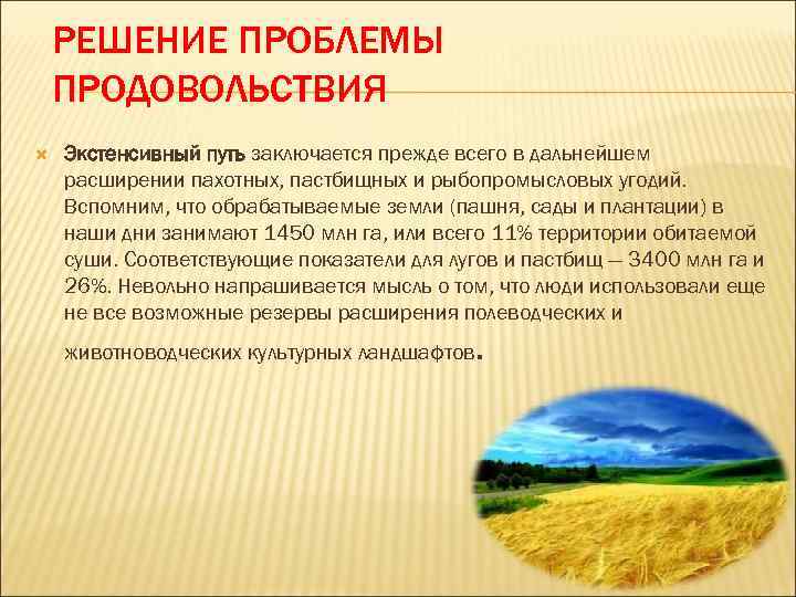 РЕШЕНИЕ ПРОБЛЕМЫ ПРОДОВОЛЬСТВИЯ Экстенсивный путь заключается прежде всего в дальнейшем расширении пахотных, пастбищных и