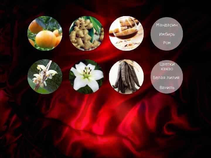 Мандарин Имбирь Ром Цветки какао Белая лилия Ваниль 