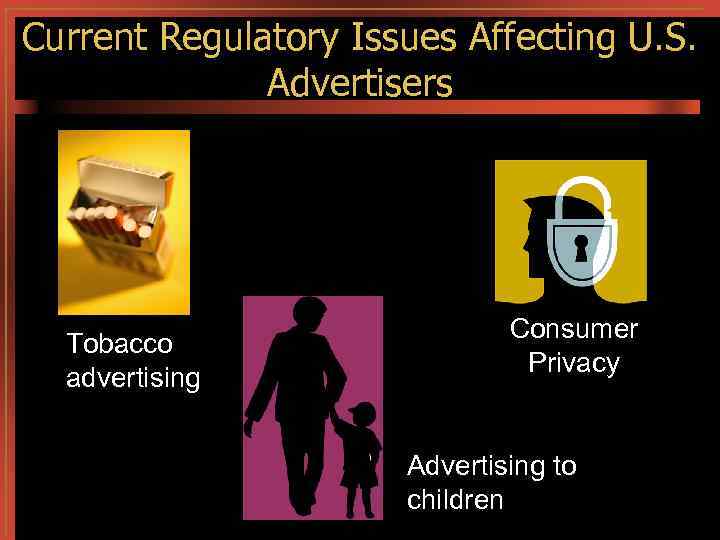 Current Regulatory Issues Affecting U. S. Advertisers Tobacco advertising Consumer Privacy Advertising to children