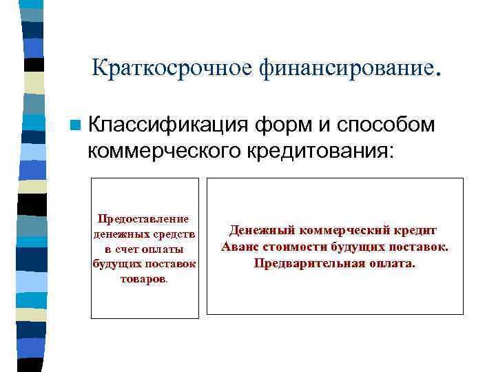 Краткосрочное финансирование. n Классификация форм и способом коммерческого кредитования: Предоставление денежных средств в счет