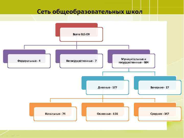 Сеть общеобразовательных школ Всего 615 ОУ Федеральные - 4 Муниципальные и государственные - 604