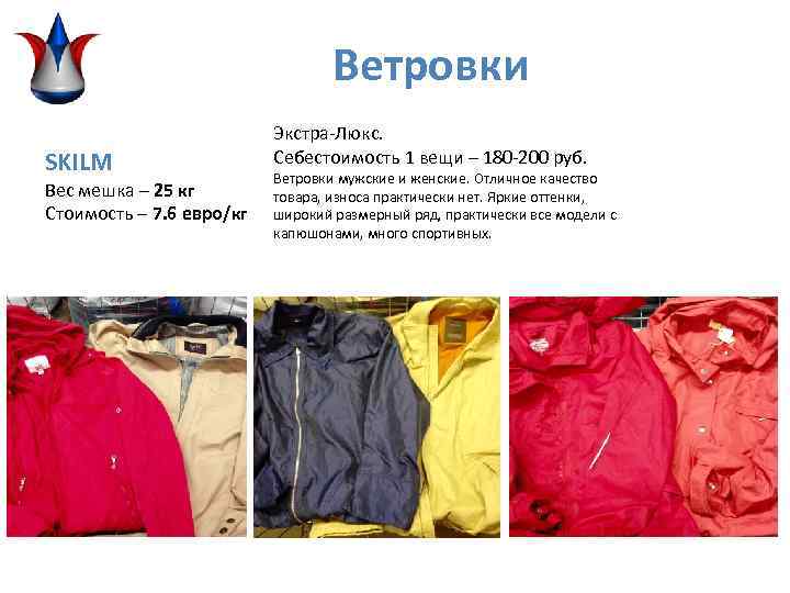 Ветровки SKILM Вес мешка – 25 кг Стоимость – 7. 6 евро/кг Экстра-Люкс. Себестоимость