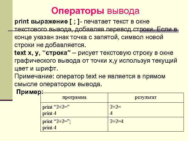 Операторы вывода print выражение [ ; ]- печатает текст в окне текстового вывода, добавляя