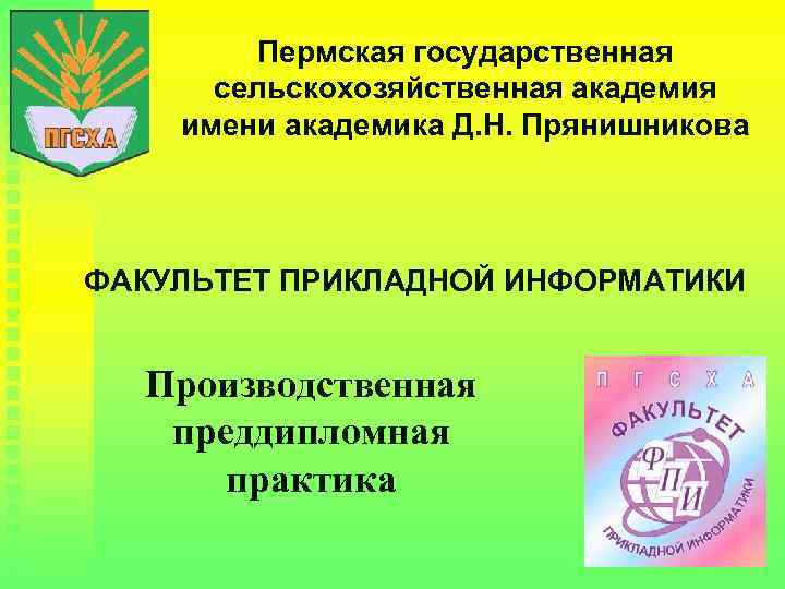 Пермская государственная сельскохозяйственная академия имени академика Д. Н. Прянишникова ФАКУЛЬТЕТ ПРИКЛАДНОЙ ИНФОРМАТИКИ Производственная преддипломная