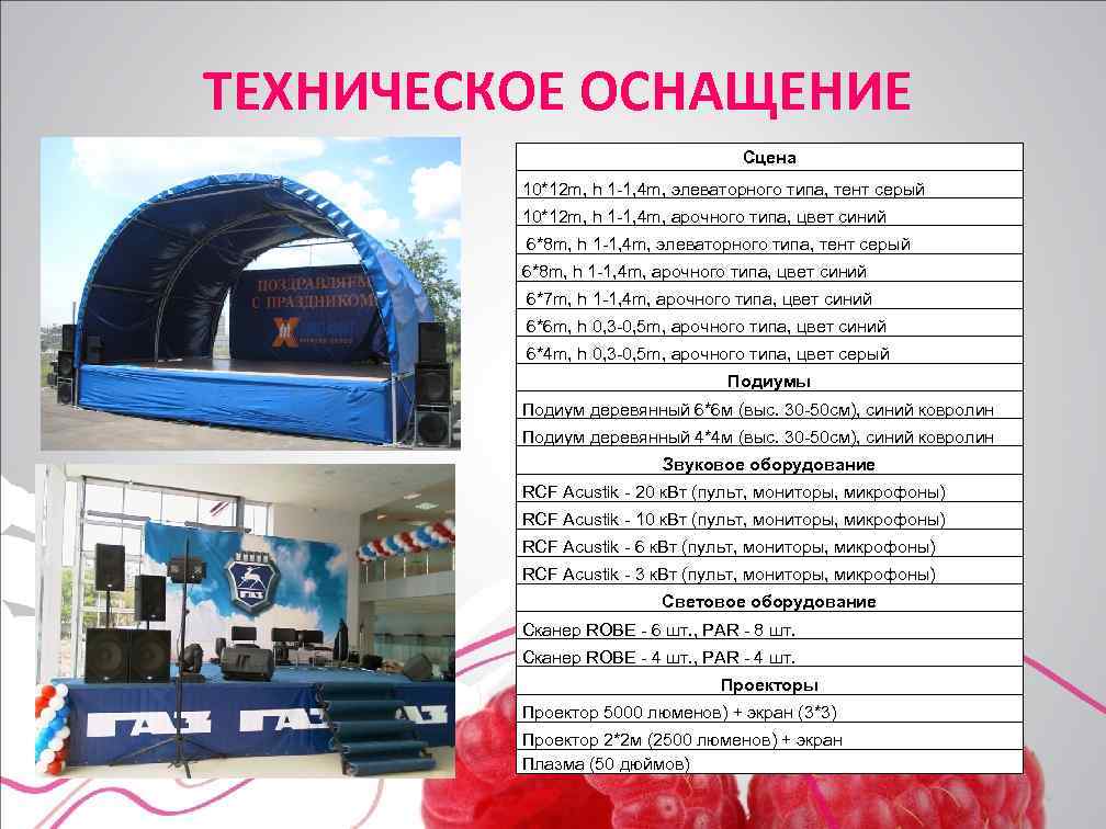 ТЕХНИЧЕСКОЕ ОСНАЩЕНИЕ Сцена 10*12 m, h 1 -1, 4 m, элеваторного типа, тент серый