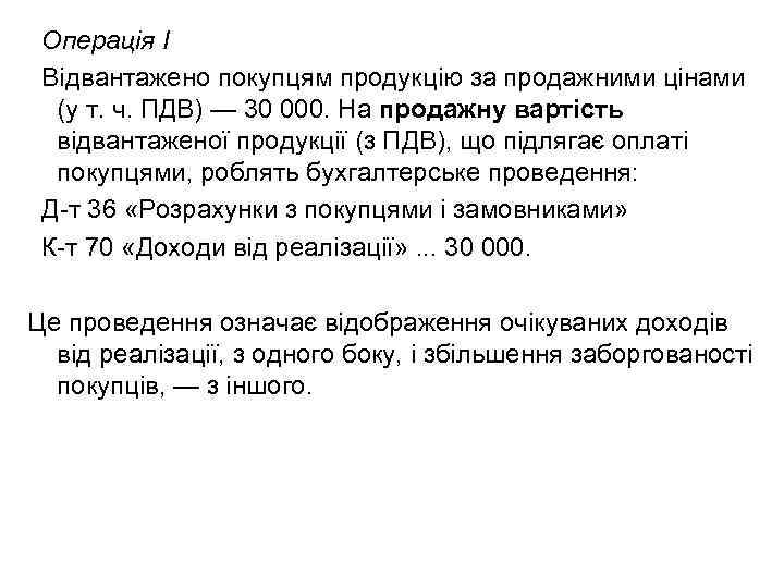 Операція І Відвантажено покупцям продукцію за продажними цінами (у т. ч. ПДВ) — 30