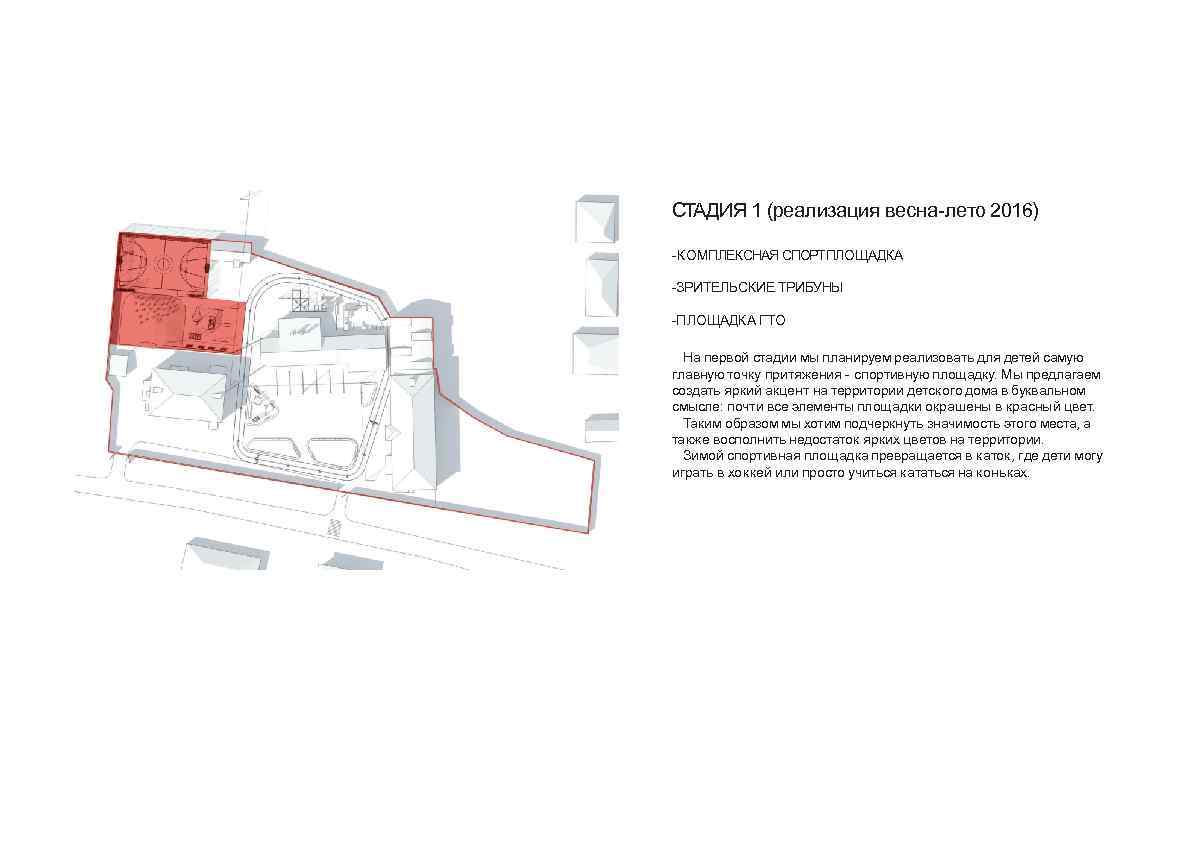 СТАДИЯ 1 (реализация весна-лето 2016) -КОМПЛЕКСНАЯ СПОРТПЛОЩАДКА -ЗРИТЕЛЬСКИЕ ТРИБУНЫ -ПЛОЩАДКА ГТО На первой стадии