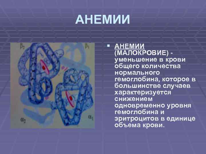 АНЕМИИ § АНЕМИИ (МАЛОКРОВИЕ) уменьшение в крови общего количества нормального гемоглобина, которое в большинстве