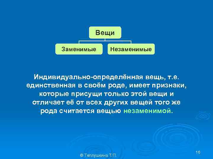 Вещи Заменимые Незаменимые Индивидуально-определённая вещь, т. е. единственная в своём роде, имеет признаки, которые