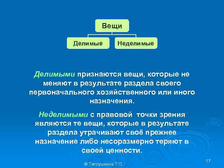 Вещи Делимые Неделимые Делимыми признаются вещи, которые не меняют в результате раздела своего первоначального