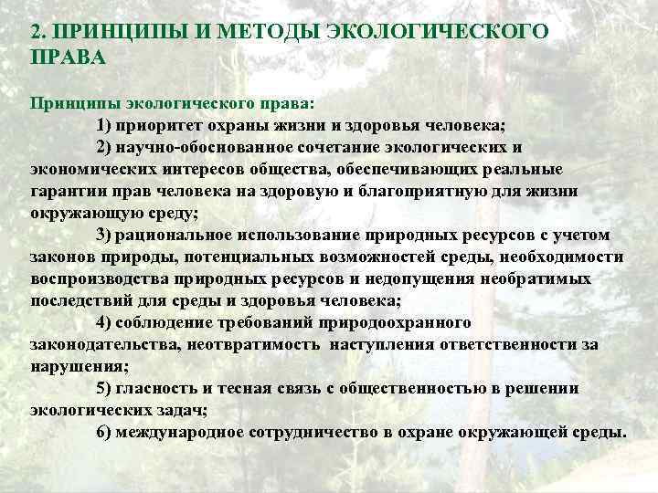 2. ПРИНЦИПЫ И МЕТОДЫ ЭКОЛОГИЧЕСКОГО ПРАВА Принципы экологического права: 1) приоритет охраны жизни и