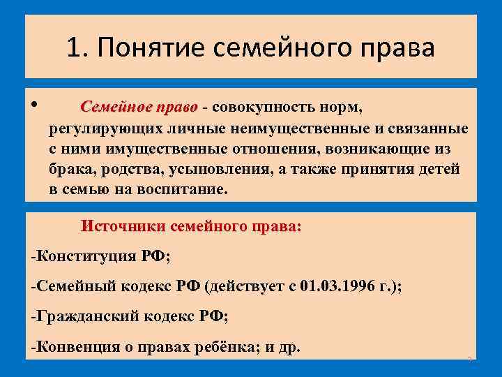 1. Понятие семейного права • Семейное право - совокупность норм, регулирующих личные неимущественные и