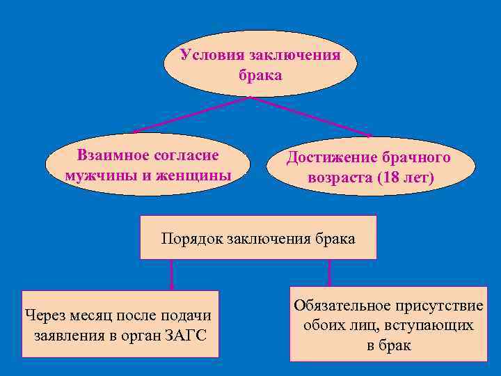 Условия заключения брака Взаимное согласие мужчины и женщины Достижение брачного возраста (18 лет) Порядок