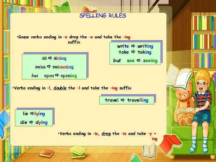 SPELLING RULES • Some verbs ending in –e drop the –e and take the