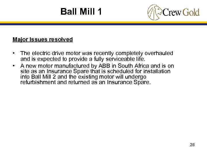 Ball Mill 1 Major Issues resolved • The electric drive motor was recently completely
