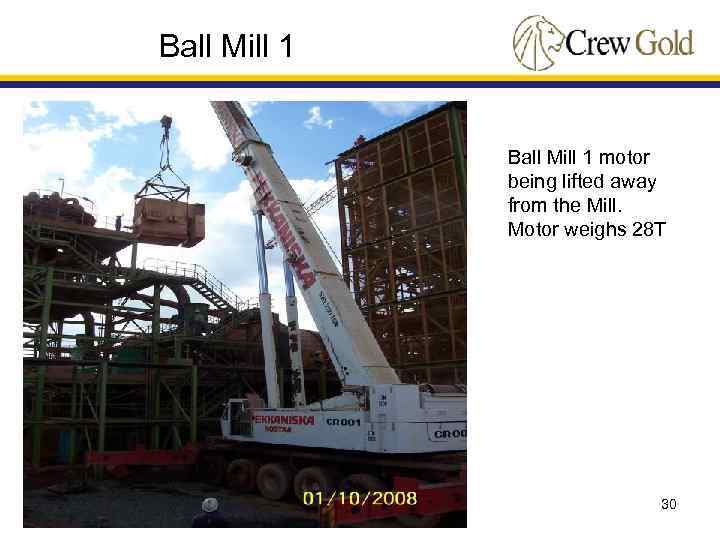 Ball Mill 1 motor being lifted away from the Mill. Motor weighs 28 T
