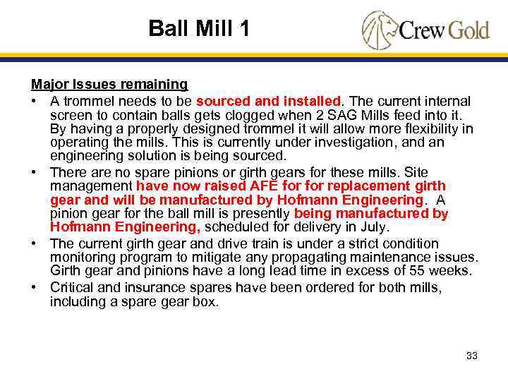 Ball Mill 1 Major Issues remaining • A trommel needs to be sourced and