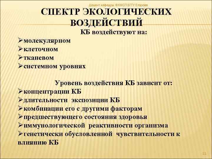 Доцент кафедры ФХМСП БГТУ Егорова З. Е. СПЕКТР ЭКОЛОГИЧЕСКИХ ВОЗДЕЙСТВИЙ КБ воздействуют на: Øмолекулярном