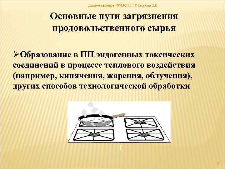 Доцент кафедры ФХМСП БГТУ Егорова З. Е. Основные пути загрязнения продовольственного сырья ØОбразование в