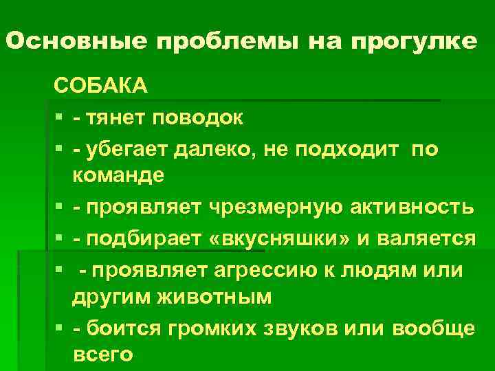 Основные проблемы на прогулке СОБАКА § - тянет поводок § - убегает далеко, не