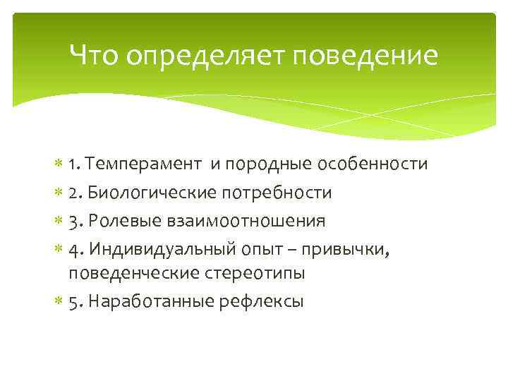 Что определяет поведение 1. Темперамент и породные особенности 2. Биологические потребности 3. Ролевые взаимоотношения