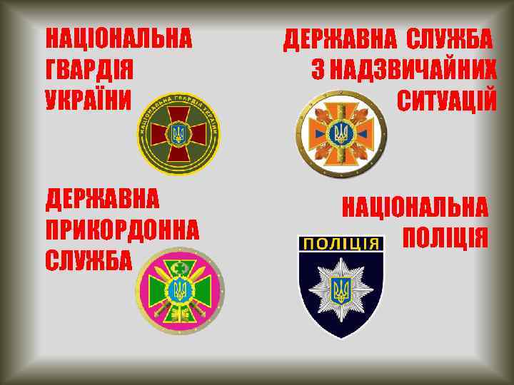 НАЦІОНАЛЬНА ГВАРДІЯ УКРАЇНИ ДЕРЖАВНА ПРИКОРДОННА СЛУЖБА ДЕРЖАВНА СЛУЖБА З НАДЗВИЧАЙНИХ СИТУАЦІЙ НАЦІОНАЛЬНА ПОЛІЦІЯ 